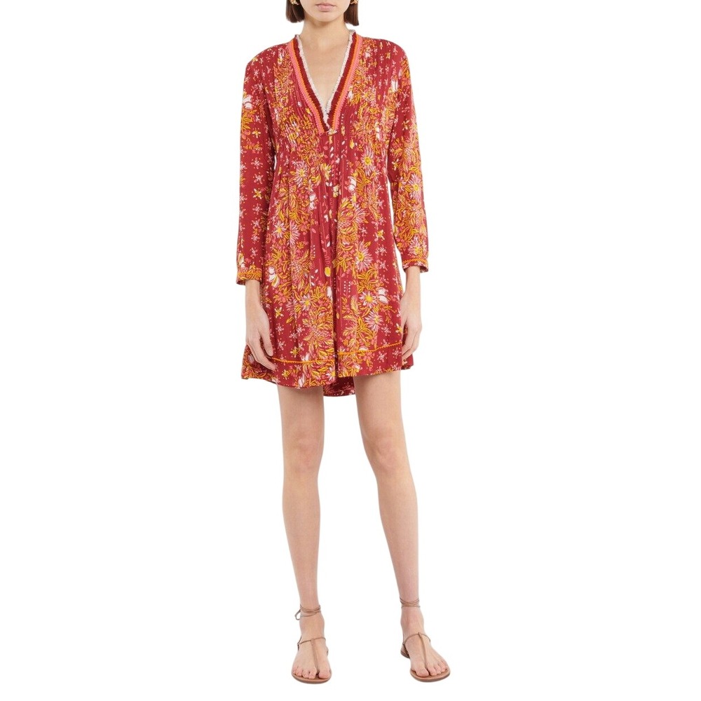 Poupette St Barth Women's Ola Fringed Floral Printed‎ V neck Mini Dress Sz Small